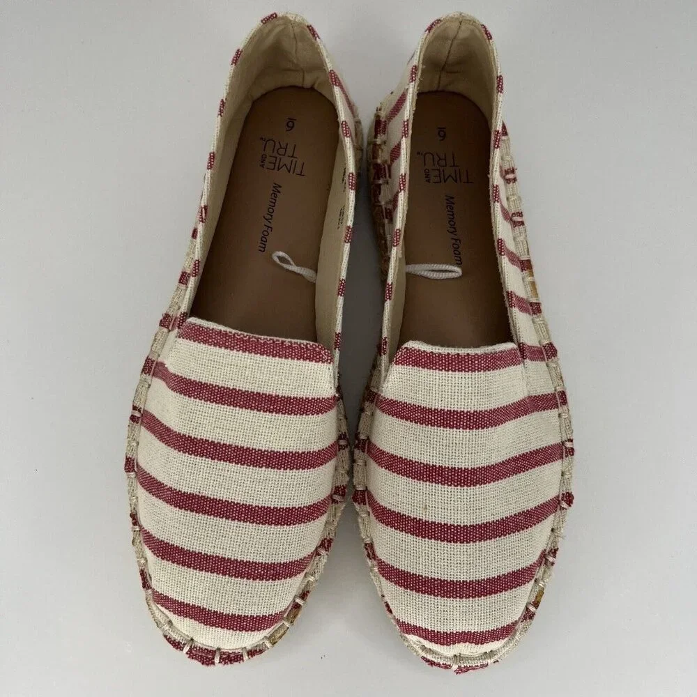 Time and Tru Red Stripe Canvas Espadrille Casual Slip-on Womens Size 6 Flats